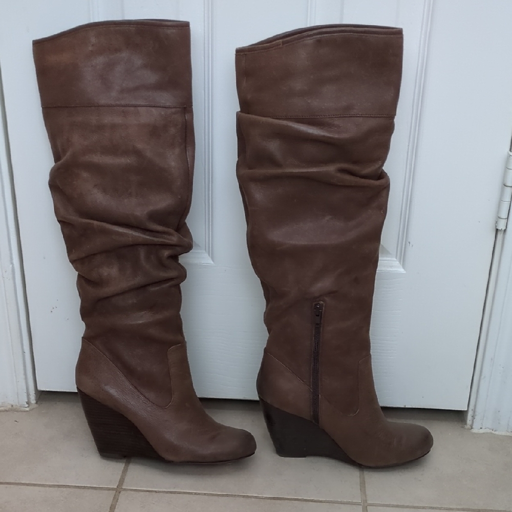 NWT, Jessica Simpson Brown Leather Over the Knee Slouchy Round Toe Wedge Boots